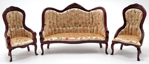 Victorian Sofa and Chair Set, 3pc, Mahogany, Floral Fabric
